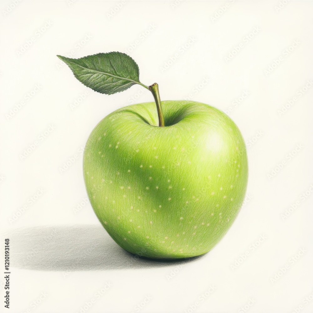 Poster Single shiny green apple with a leaf resting on a subtle background highlighting its freshness and natural appeal