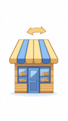 small business storefront with blue door and striped awning, showcasing products