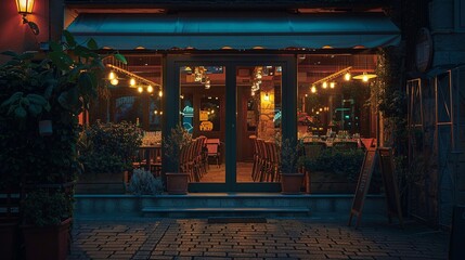 Fototapeta premium Charming greenery bistro background image. Glowing interior, rustic chairs, string lights photo backdrop wallpaper realistic. Outdoor plants. Romantic dining concept photorealistic