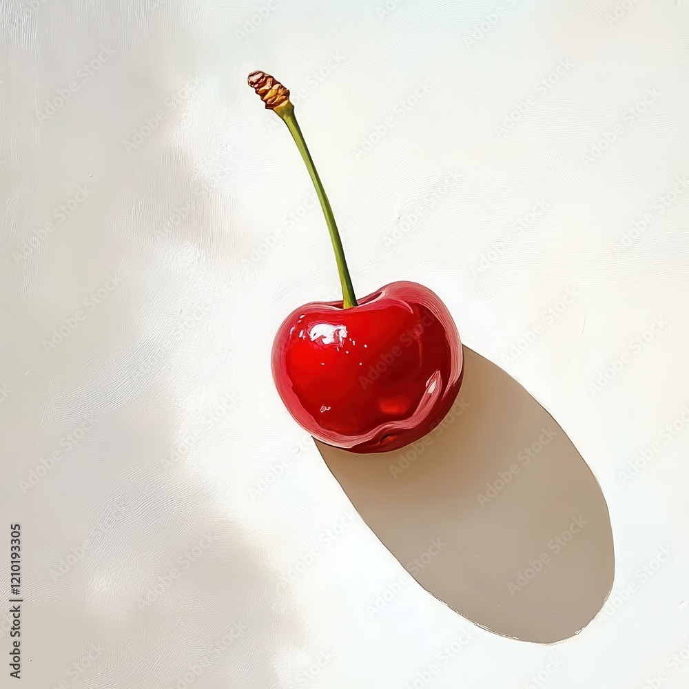 Poster Fresh cherry with glossy red color resting on a light surface creating a beautiful shadow in natural daylight