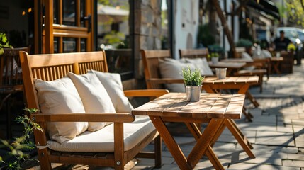 Fototapeta premium Picturesque outdoor cafe with rustic wood decor background image. White cushions, leafy plants, al fresco style photo backdrop wallpaper realistic. Alfresco dining concept photorealistic