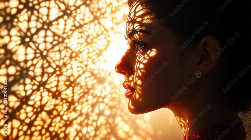 Aufkleber woman's serene portrait illuminated by intricate shadow patterns at sunset