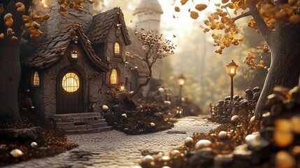 A fantasy village nestled in the heart of an enchanted forest, where golden acorns rain from the trees and magical creatures