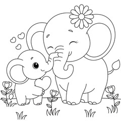 Baby elephant giving its mother a heart, valentine's day coloring page for kids