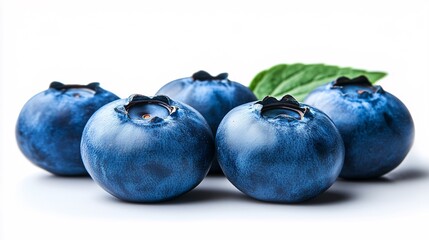 Obraz premium Soczyste borówki z zielonym liściem na jasnym, białym tle, minimalistyczny układ.