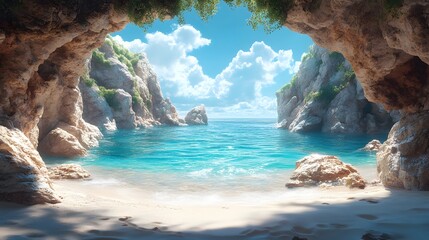Fototapeta premium Hidden beach cove with dramatic rock formations and sparkling water, perfect for exploration, realistic 8K resolution,