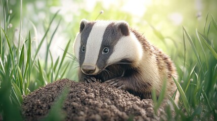 Adorable Badger in its Burrow