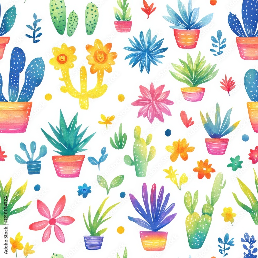 Poster colorful watercolor doodles of playful plants and flowers in pots create a vibrant pattern filled wi