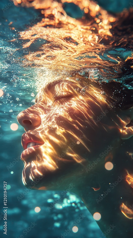 Poster Mystical visualization of a swimmer's face illuminated by shimmering water reflections in an underwater setting