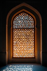 Intricate Stone Jali Window: Warm Light, Islamic Architecture