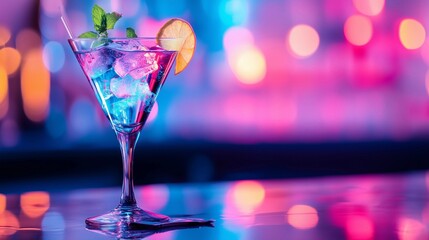 Photo of a fancy cocktail in a martini glass with ice cubes and a lemon slice on the bar counter