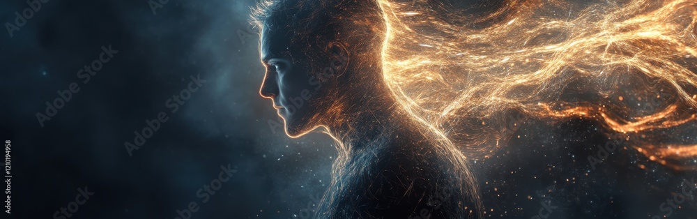 Poster mystical profile of a man illuminated by glowing energy at twilight in an ethereal landscape
