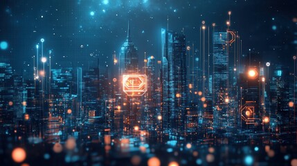 cityscape with space and neon light effect. Modern hi-tech, science, futuristic technology concept. Abstract digital high tech city design for banner background