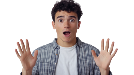 Surprised young man raising hands in disbelief, isolated on transparent background