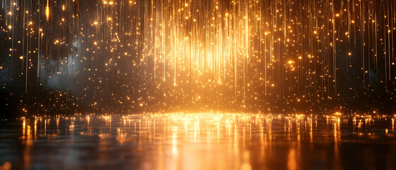 Fototapeta premium Golden rain stage, dark background, event backdrop