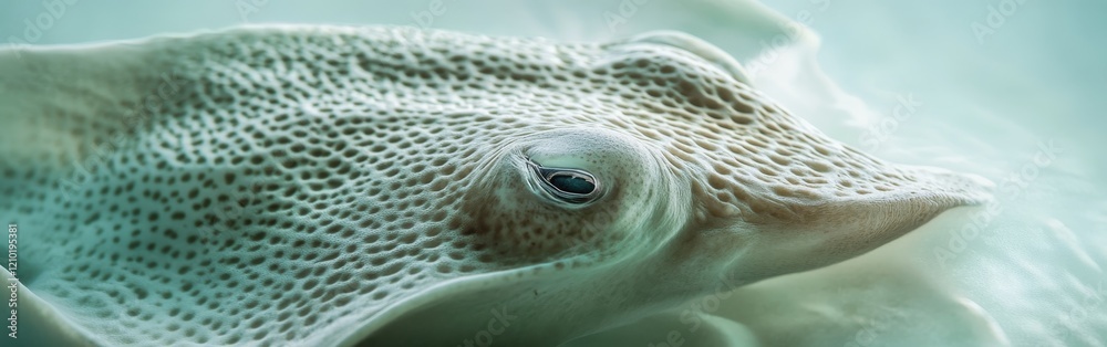 Poster close-up view of a stingray's face showcasing intricate textures and unique features in an underwate