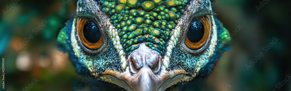 Poster Close-up view of a peacock's face showcasing vibrant colors and intricate feather patterns at a local park