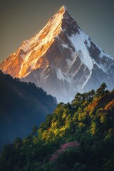 Mountain peak illuminated by sunset with lush greenery in the foreground, showcasing natural beauty and breathtaking landscapes in the wilderness. Outdoor adventure escape.
