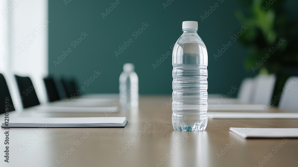 Poster water bottle and notebooks on empty boardroom table, preparing for collaborative work in corporate s