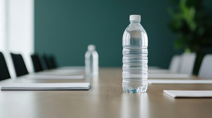 Water bottle and notebooks on empty boardroom table, preparing for collaborative work in corporate setting