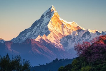 Mountain peak, stunning sunrise illuminating snow-capped summit with a scenic view, nature landscape and tranquil atmosphere in the Himalayas. Adventure and exploration.