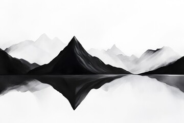 Mountain range, reflected in calm waters, showcasing serene black and white landscape artistry. Nature tranquility, outdoor adventure, and artistic expression in minimalism.
