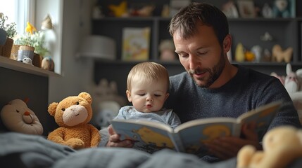Fototapeta premium Father reading a bedtime story to children in the nursery, calm and loving atmosphere, realistic 8K resolution,