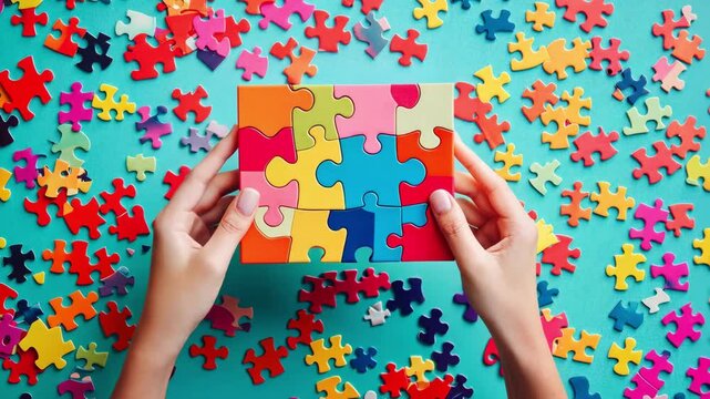 World autism awareness day banner A person is holding a puzzle box with a colorful box on top of a pile of colorful puzzle pieces