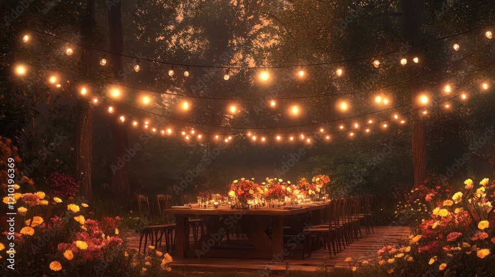 Poster rustic outdoor dining setup with warm lights and vibrant flowers in a tranquil evening setting