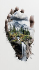 Floating island held by cloud-formed hands, dreamy and ethereal concept
