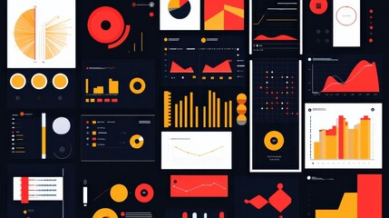 Harmonious layout of big data symbols showcasing various data visualization techniques and elements on a dark background