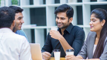Work-Life Balance – Indian office workers socializing and networking during a coffee break.	
