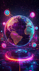 Obraz premium vibrant globe with bright currency symbols, showcasing global finance and technology. colorful design highlights interconnectedness and digital
