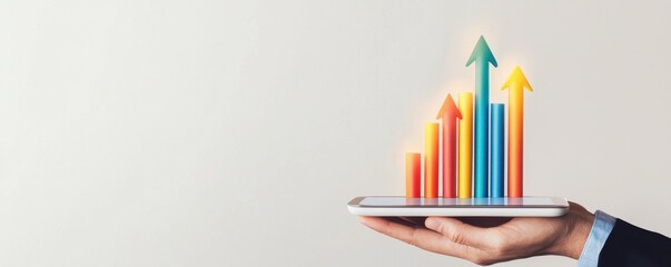 Fototapeta premium A hand holds a tablet displaying rising bar graphs with arrows, symbolizing growth, progress, and data analysis in a modern context.