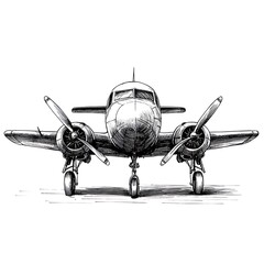 Fototapeta premium Vintage airplane drawing, front view. Hand drawn sketch of a propeller plane.