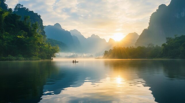 A serene scene of the Minxing River in Longzhou, Guangxi region at sunrise with misty mountains and fishermen in their boats