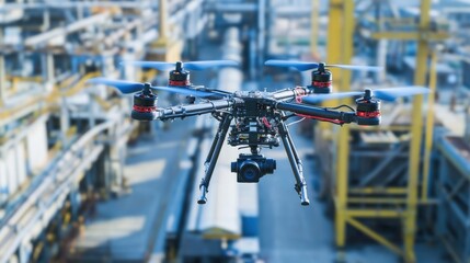 Professional drone hovering over construction site, equipped with high resolution camera, capturing aerial footage for inspection, progress monitoring, and site surveying purposes