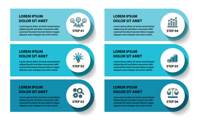 6 steps infographic template with 6 options. Flowchart that can be used for business report, data visualization and presentation. Timeline infographic elements vector illustration.