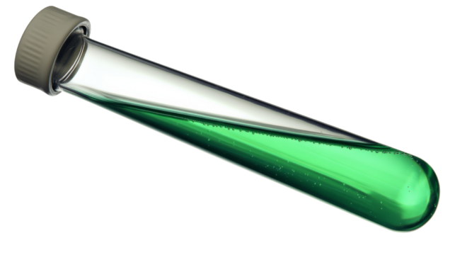 Test tube filled with green liquid, isolated on transparent background