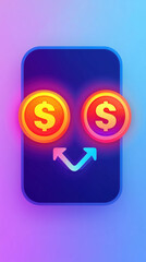 Fototapeta premium Digital currency icon with glowing coins and smiley face