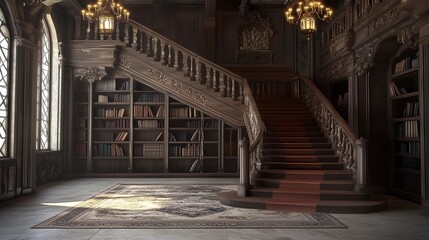 Obraz premium Interior of an old library with a large staircase, ornate wooden bookshelves, and a carpeted floor