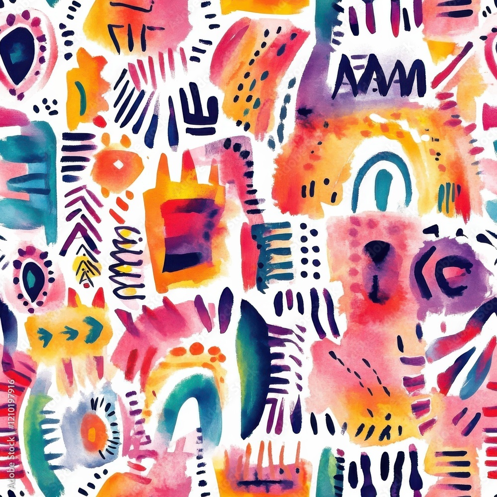 Poster Dynamic watercolor doodle patterns with vibrant colors and abstract shapes showcasing artistic creativity