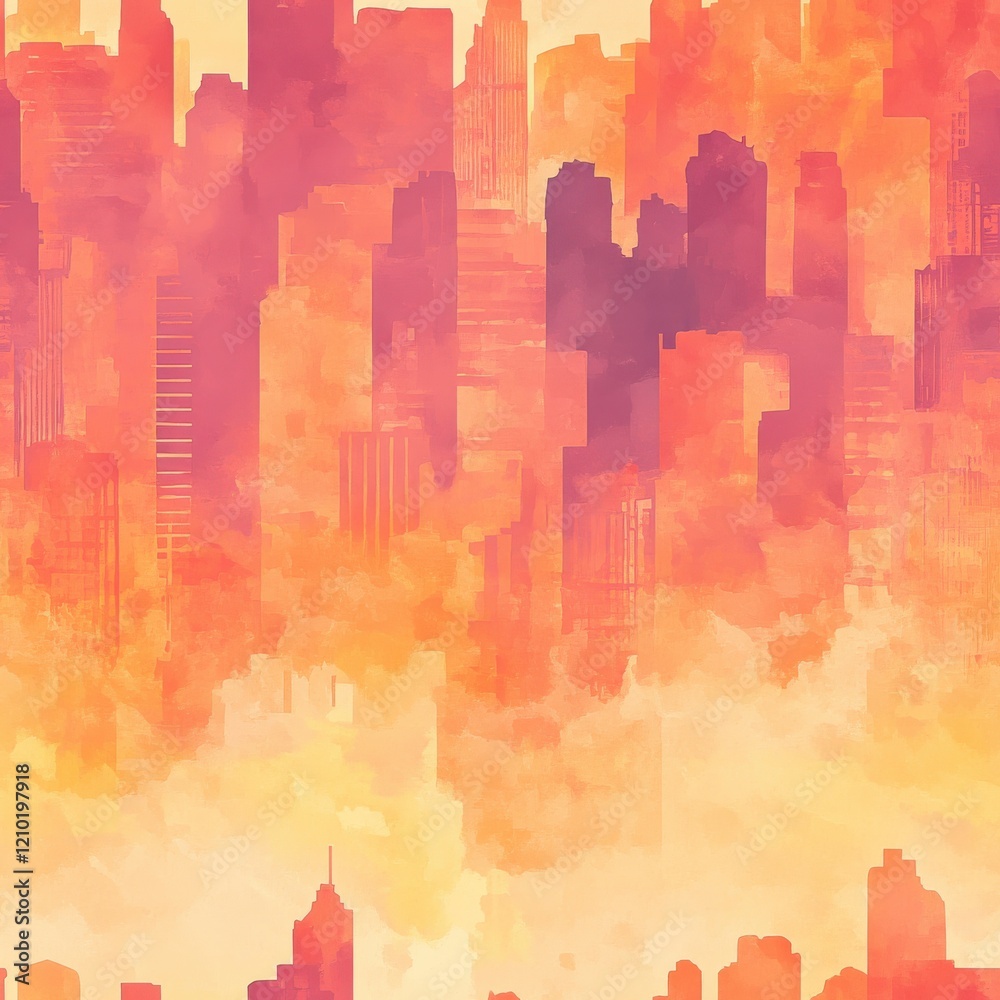 Poster dynamic doodle-style watercolor of a vibrant city skyline at sunset with expressive colors and abstr