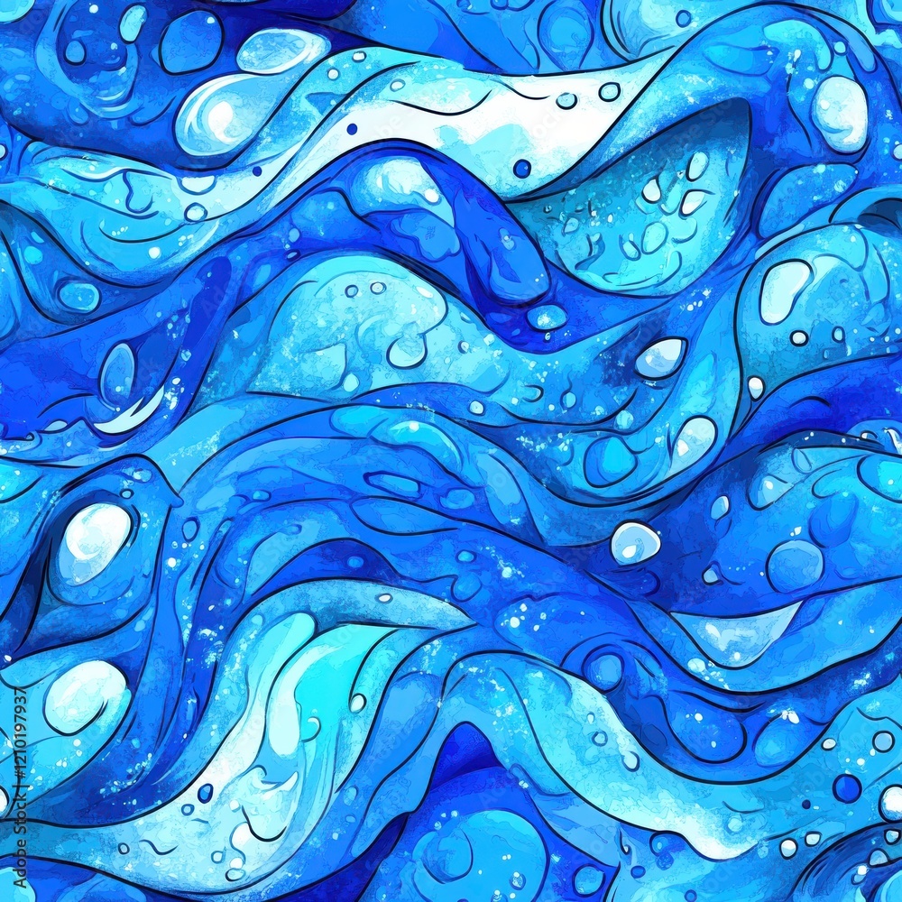 Poster dynamic watercolor doodles of flowing blue waves expressing movement and tranquility in a colorful o