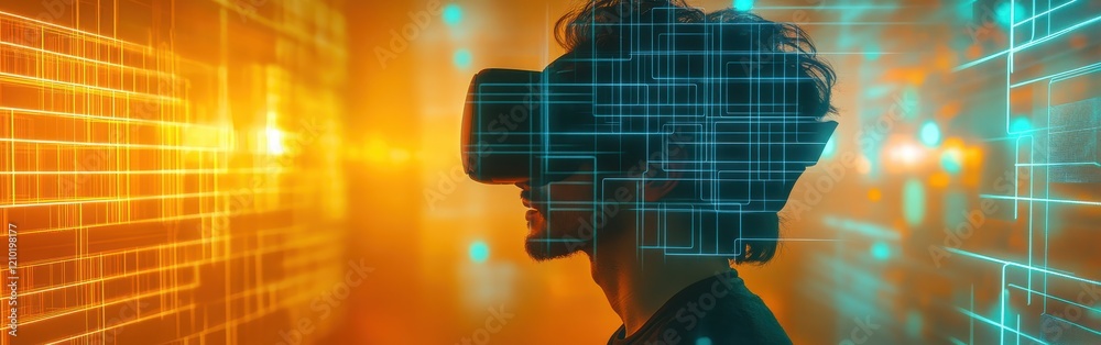 Poster Dynamic profile of a man engaged in virtual reality amidst vibrant digital elements at an immersive technology event