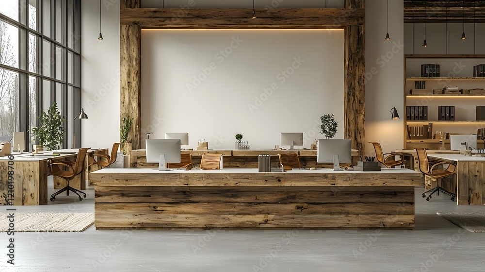 Aufkleber Sleek and modern office interior featuring minimalist design with wooden desks chairs and a clean white backdrop  The layout and arrangement create a professional and productive workspace