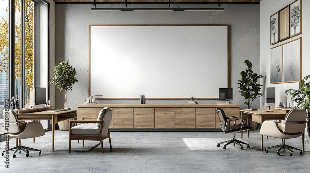 Poster stylish minimalist office interior design featuring a clean modern layout with natural wood furnitur