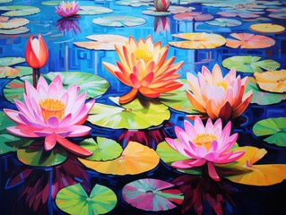 Colorful water lilies floating serenely on a tranquil blue pond reflecting sunlight in a vibrant natural setting