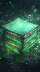 glowing stack of abstract documents surrounded by shimmering particles evokes sense of mystery and intrigue