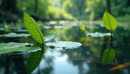 Submerged plants, soft focus water reflections, still, aquatic
